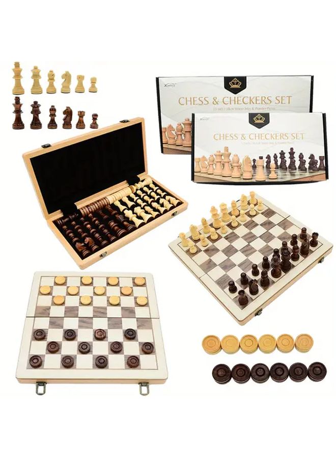 Deluxe Wood Fiber Board Chess And Checkers Set 2 In 1 Foldable 12 Inch Board - Image 1